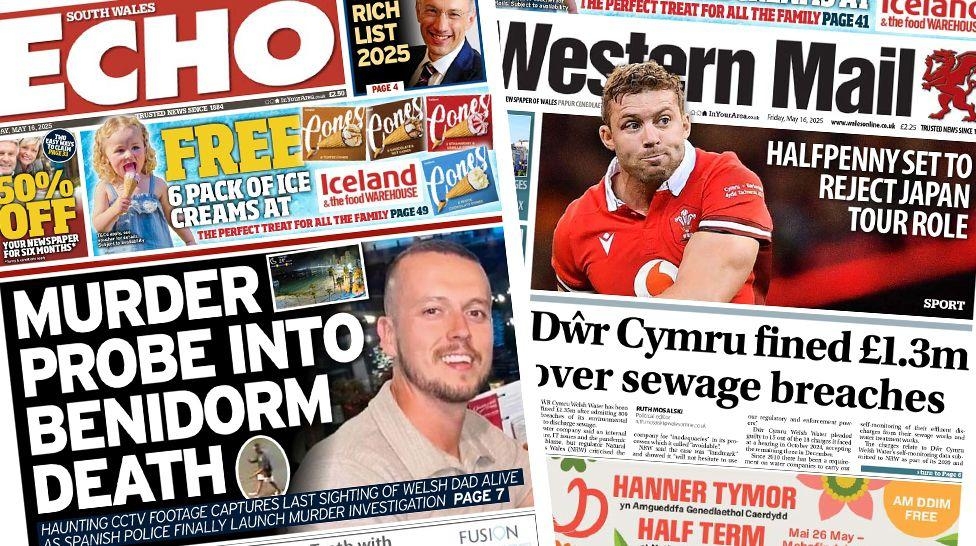 Wales' papers: Benidorm death murder probe and water company fined over sewage breaches