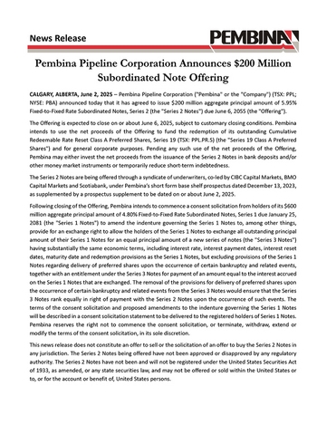 Pembina Pipeline Corporation Announces $200 Million Subordinated Note Offering