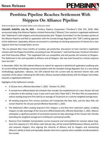 Pembina Pipeline Reaches Settlement With Shippers On Alliance Pipeline