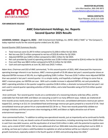 AMC Entertainment Holdings, Inc. Reports Second Quarter 2025 Results