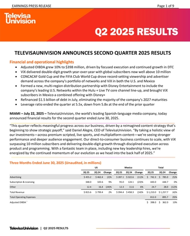 TelevisaUnivision Announces Second Quarter 2025 Results