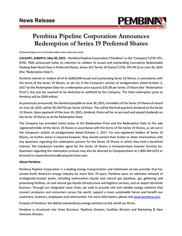 Pembina Pipeline Corporation Announces Redemption of Series 19 Preferred Shares