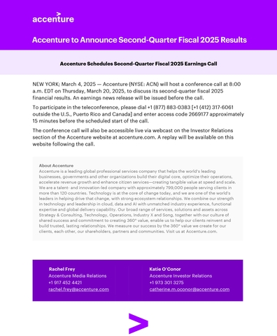 Accenture to Announce Second-Quarter Fiscal 2025 Results