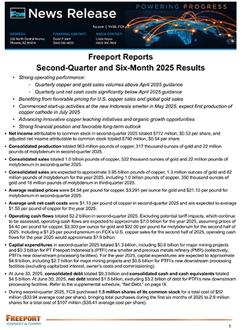 Freeport Second-Quarter and Six-Month 2025 Financial and Operating Results Release Available on Its Website