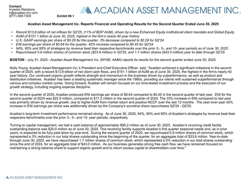 Acadian Asset Management Inc. Reports Financial and Operating Results for the Second Quarter Ended June 30, 2025