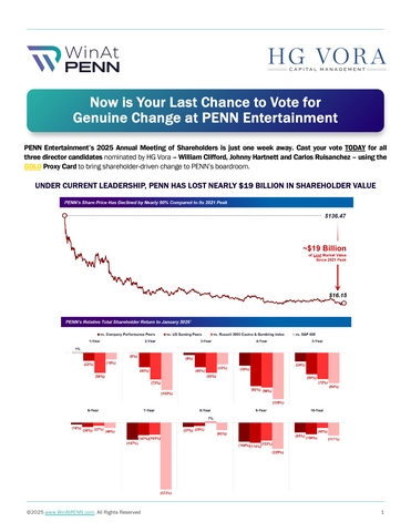 HG Vora: Now is Your Last Chance to Vote for Genuine, Shareholder-Driven Change at PENN Entertainment