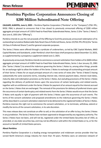 Pembina Pipeline Corporation Announces Closing of $200 Million Subordinated Note Offering
