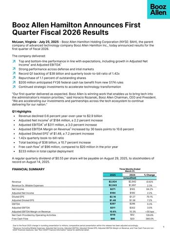 Booz Allen Hamilton Announces First Quarter Fiscal Year 2026 Results