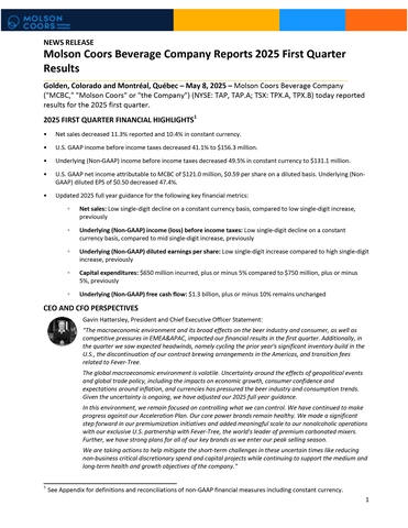 Molson Coors Beverage Company Reports 2025 First Quarter Results