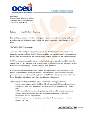 WSIB Workers Deliver Petition and Letter to Board of Directors as Strike Enters Second Month