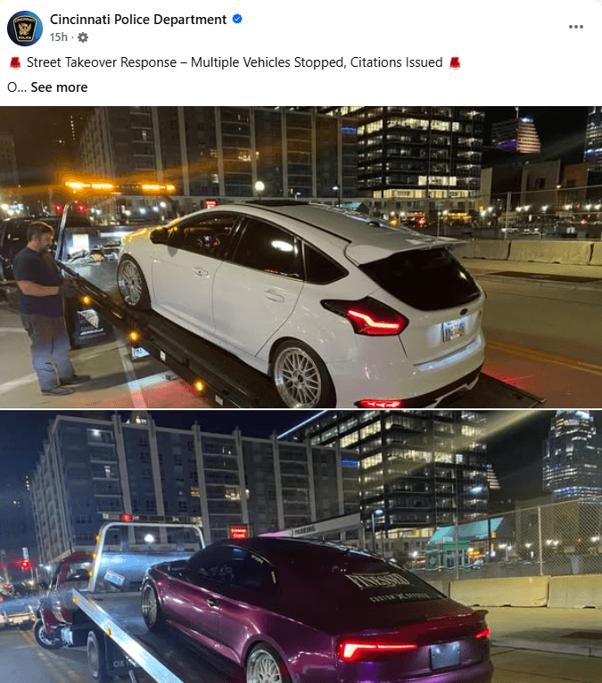 Police: 14 vehicles stopped, 3 fled after street takeover in downtown Cincinnati