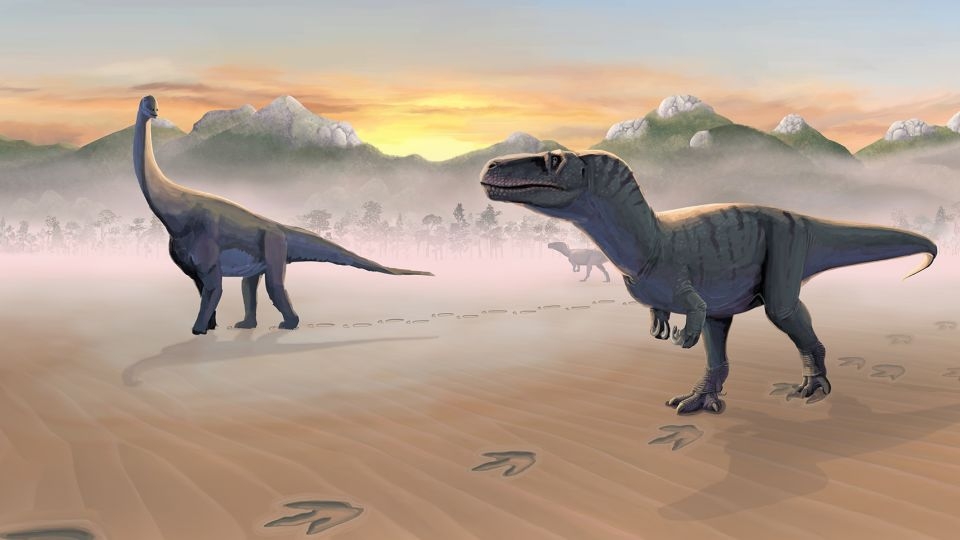 Footprints show giant carnivorous dinosaurs and their plant-eating prey drank from same Scottish watering hole