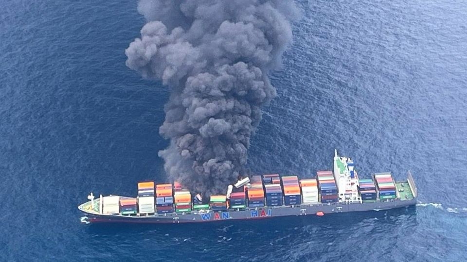 Indian coast guard battles massive fire on container ship listing off Kerala
