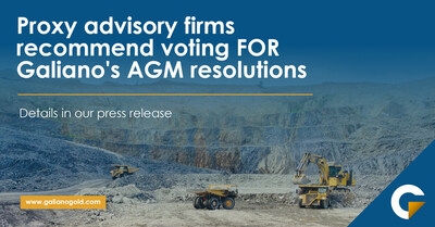 LEADING INDEPENDENT PROXY ADVISORY FIRMS RECOMMEND GALIANO GOLD'S SHAREHOLDERS VOTE FOR ALL PROPOSED RESOLUTIONS