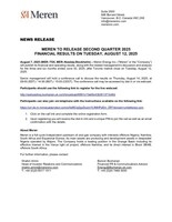 MEREN TO RELEASE SECOND QUARTER 2025 FINANCIAL RESULTS ON TUESDAY, AUGUST 12, 2025