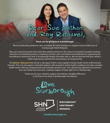 Sue Nathan and Roy Ratnavel Donate $1 Million to Scarborough Health Network to Support Mental Health