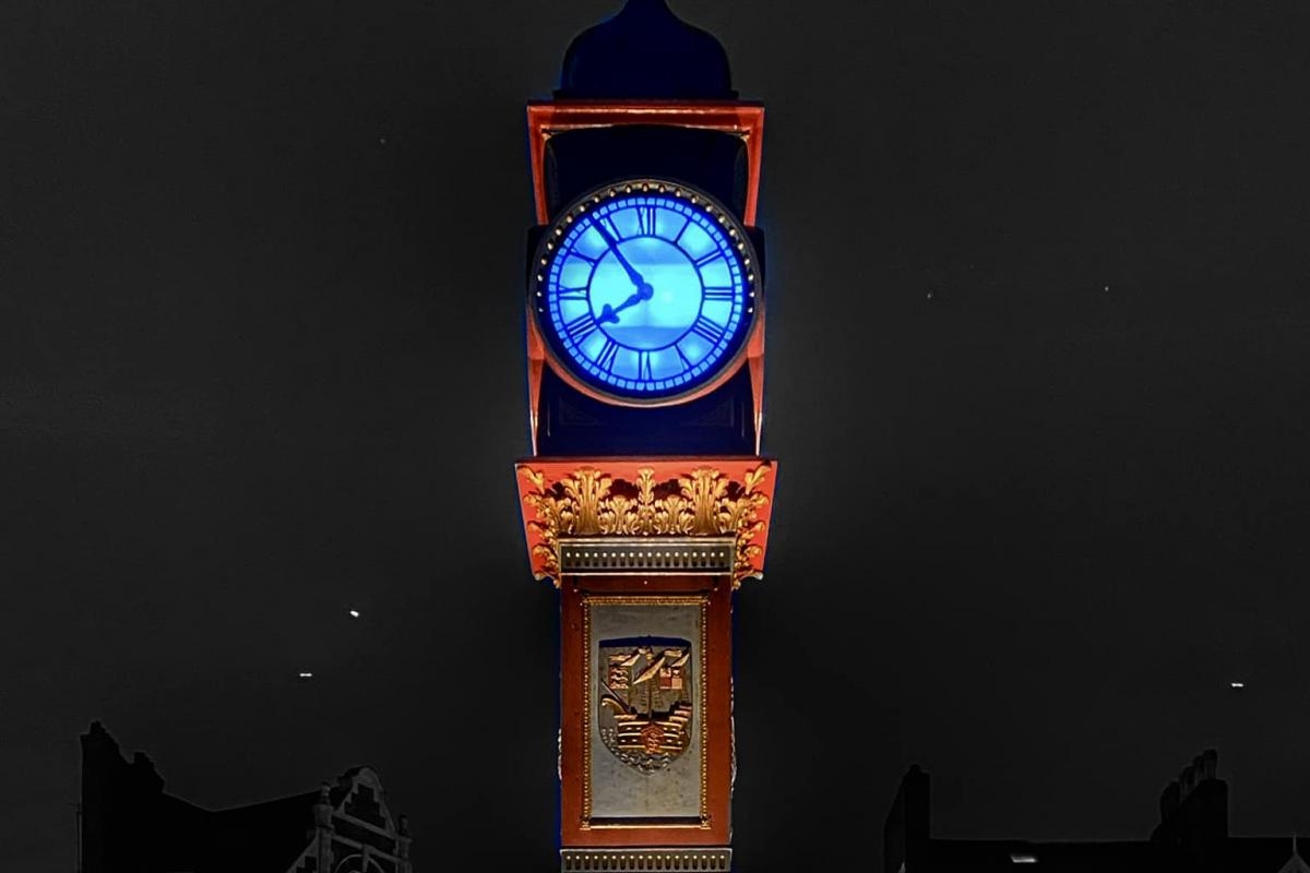 Town clock shines bright and blue