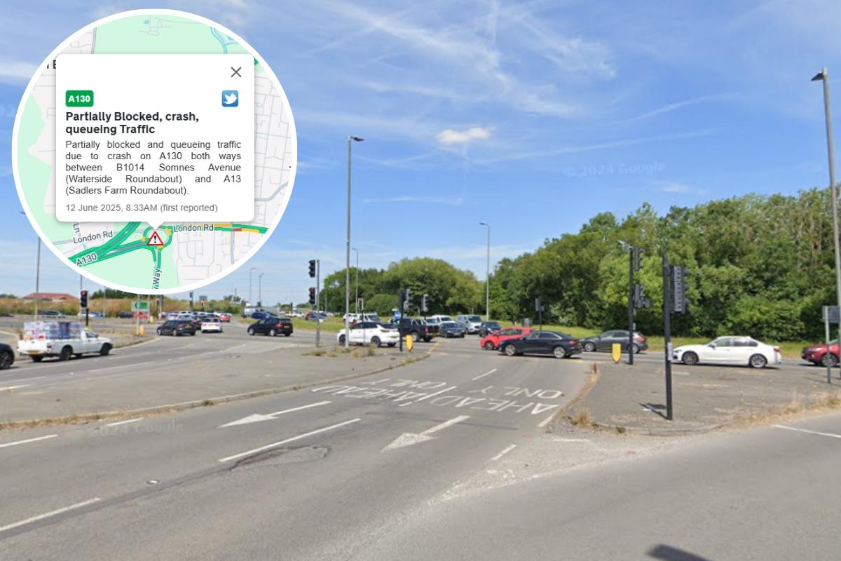 Crash at Sadlers Farm causing queues on A13 with lane partially blocked