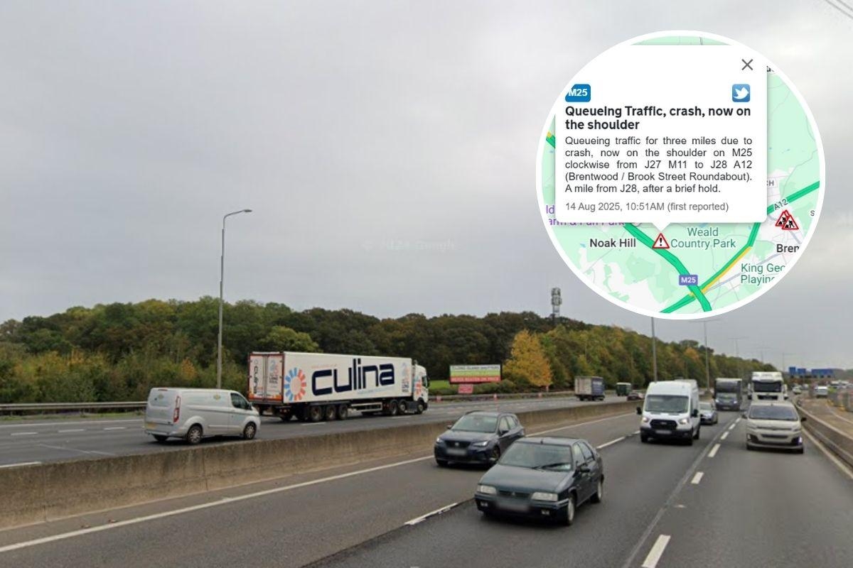 Crash causing severe delays with three-mile queues on M25 in south Essex