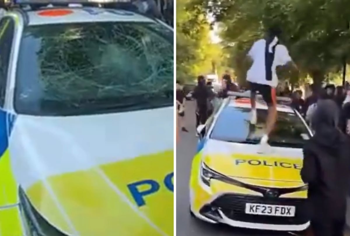 Moment teenage vandal breaks windscreen of police car in London