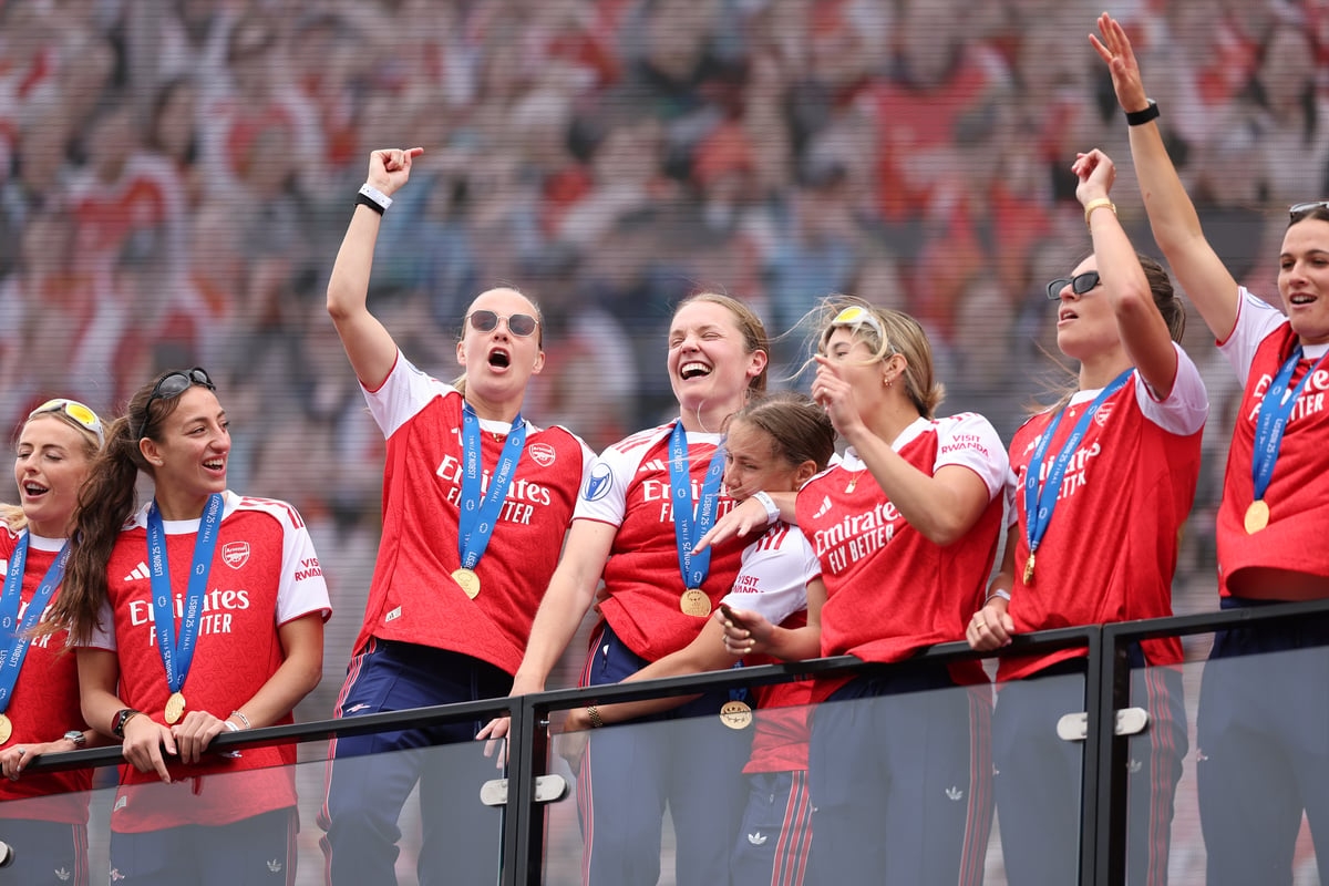 Arsenal celebrate 'magic' Women's Champions League win with fans outside Emirates Stadium