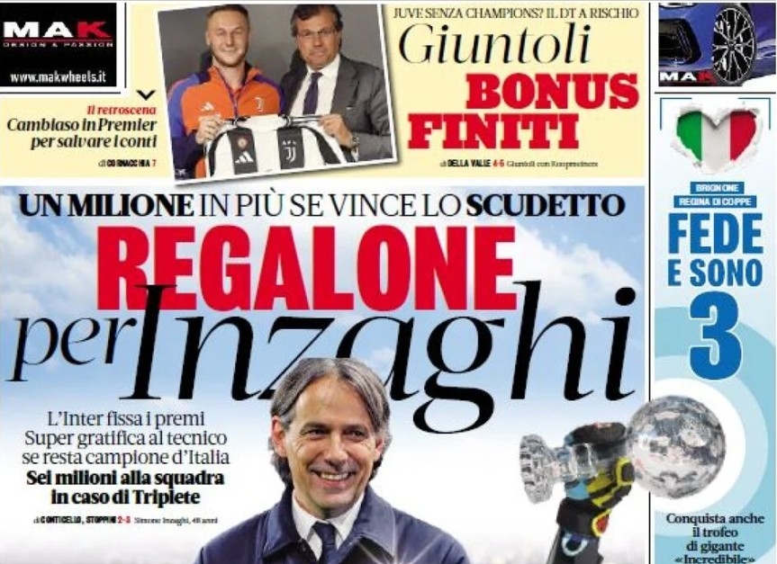 Today's Papers – Giuntoli's bonuses over, big Inzaghi gift