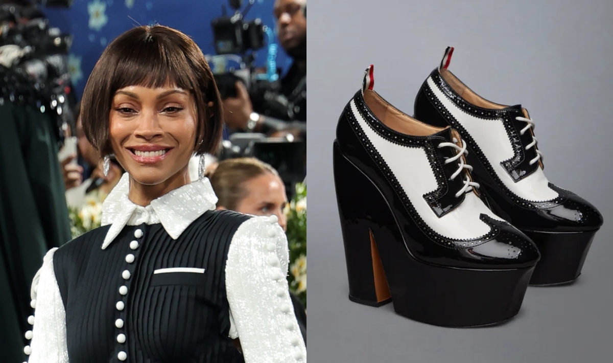 Zoe Saldana Dons Dressy Thom Browne Longwing Platform Brogues and Pin Strip Gown on the Met Gala 2025 Red Carpet