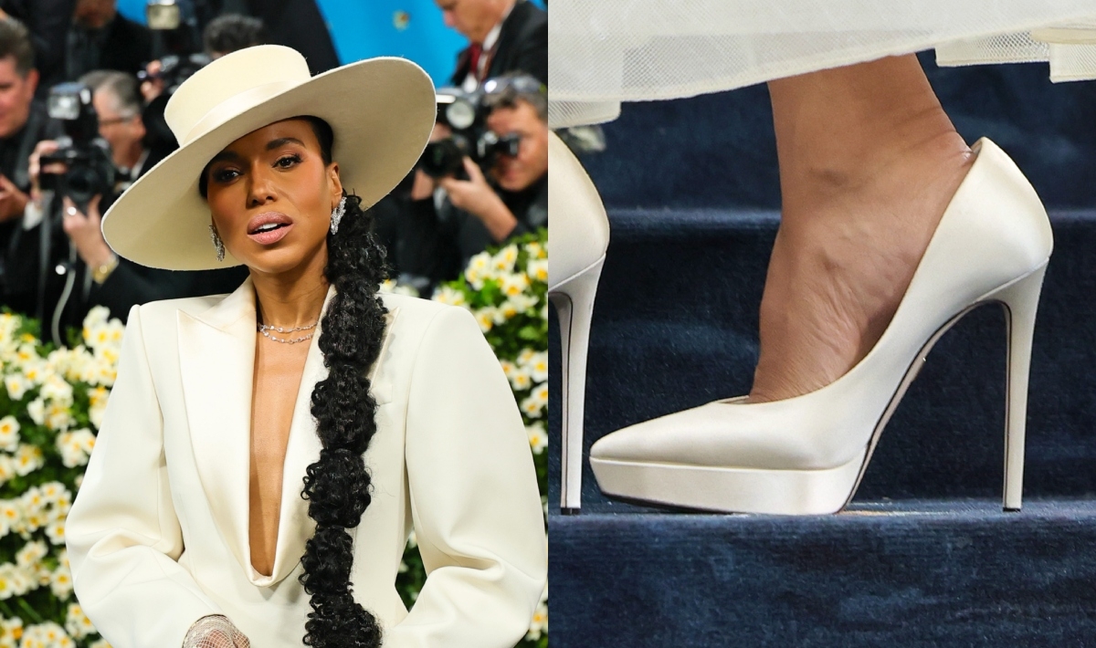 Kerry Washington Pops Into Angular Ivory Satin Platform Pumps for the Met Gala 2025 Red Carpet