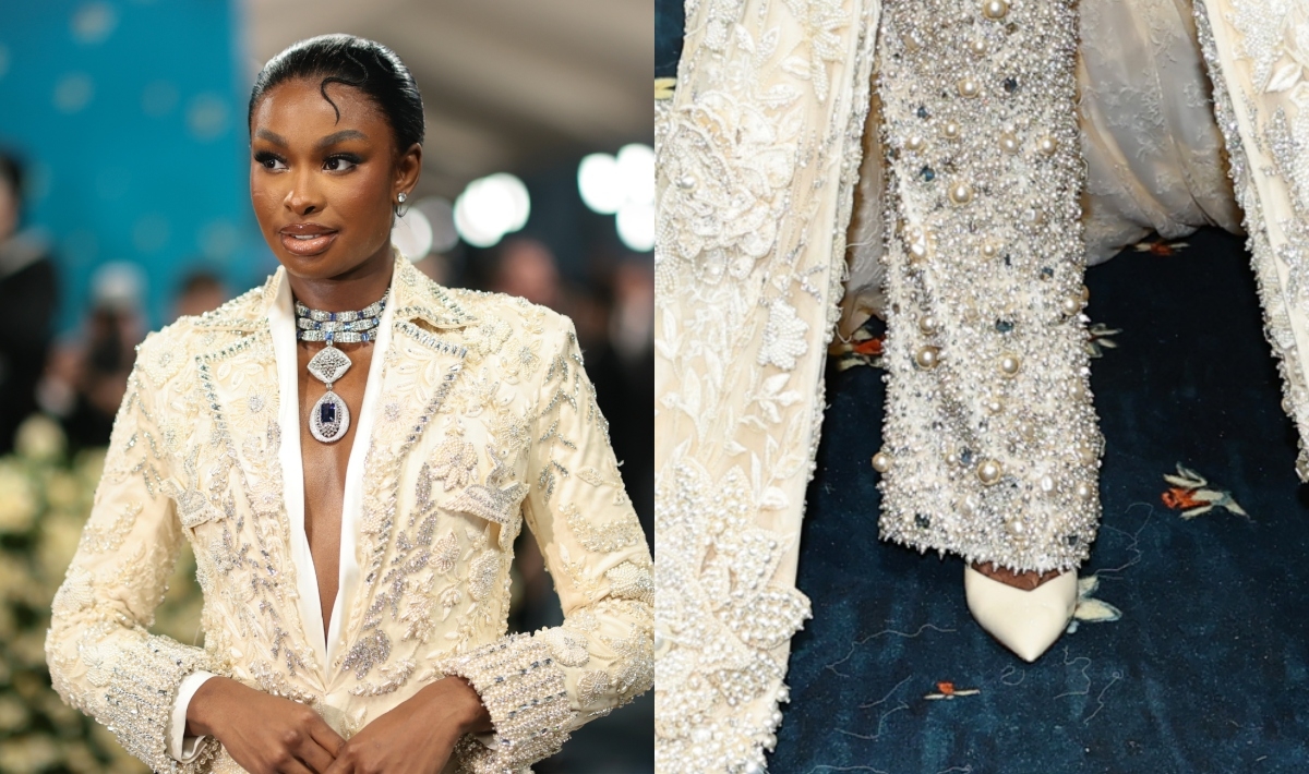 Coco Jones Celebrates Excellent Tailoring With Sharp White Pumps on Met Gala 2025 Red Carpet