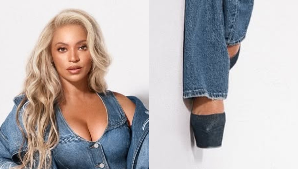 Beyonce Goes Full Denim in Latest Levi's Campaign Images With Amina Muaddi Platform Heels