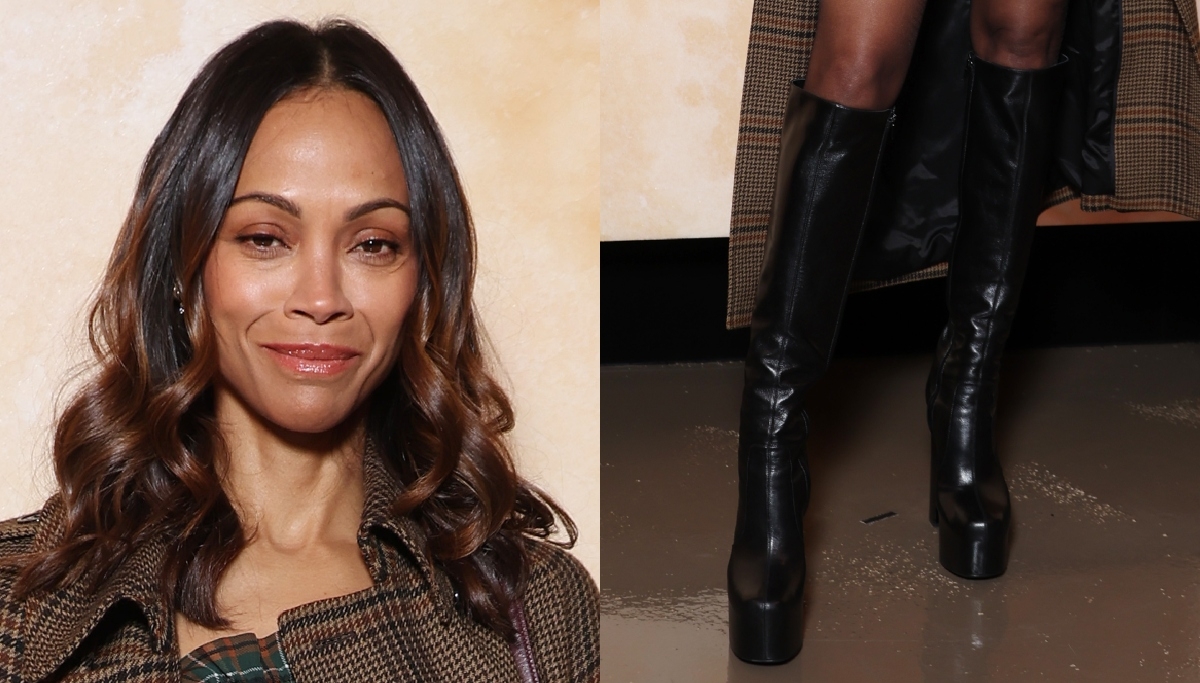 Zoe Saldana Goes Super Tall in Black Leather Knee-High Platform Boots at Saint Laurent's Fall 2025 Show