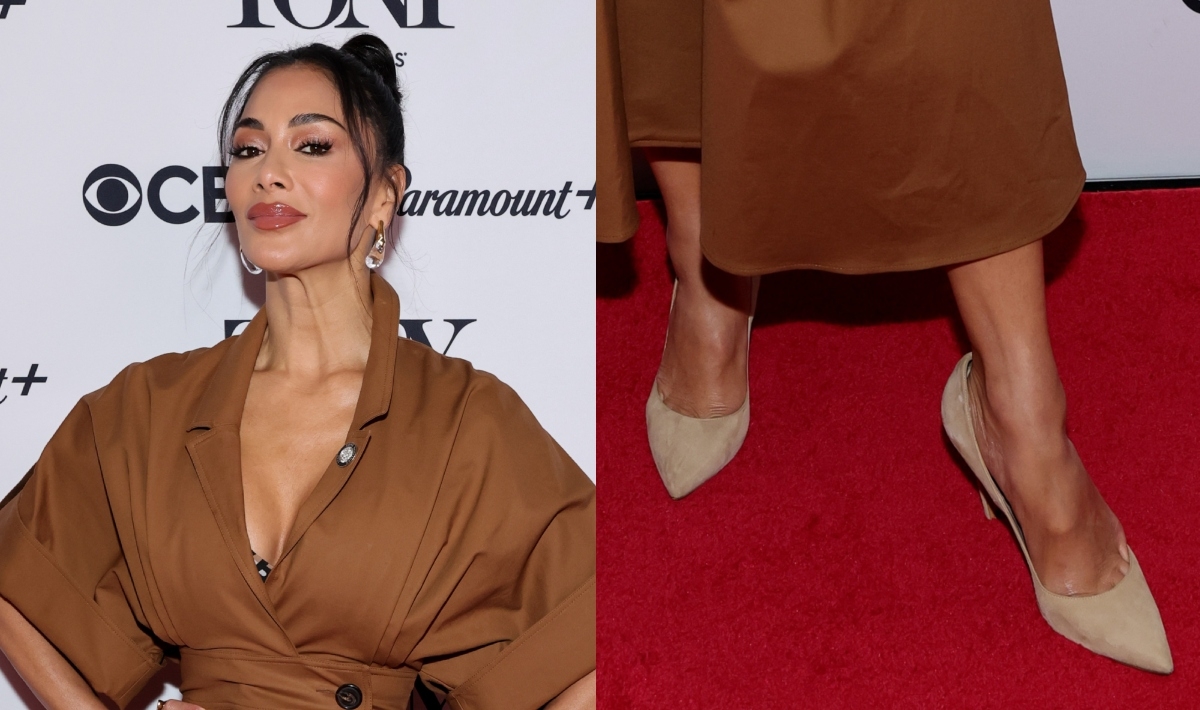 Nicole Scherzinger is Red Carpet Ready in Tan Suede Pumps at the 78th Annual Tony Awards Meet The Nominees Press Event
