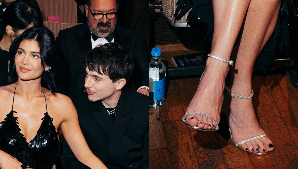 Kylie Jenner and Timothée Chalamet Hold Hands at BAFTAS 2025 Wearing Silver Amina Muaddi Sandals and Bottega Veneta Boots