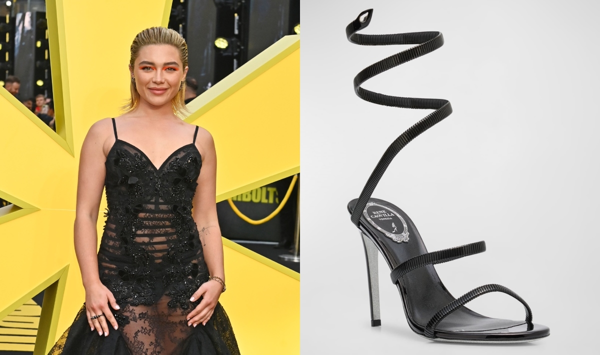 Florence Pugh Hits ‘Thuderbolts*' London Premiere in Winding Rene Caovilla Celo Sandals & Semi-Sheer Lace Gown