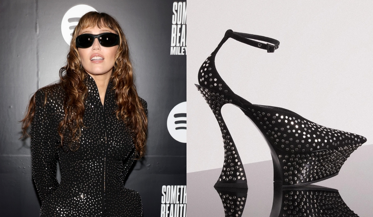 Miley Cyrus Glitters in Structured Mugler Dress and Studded Platforms for Her ‘Something Beautiful' Album Spotify Event