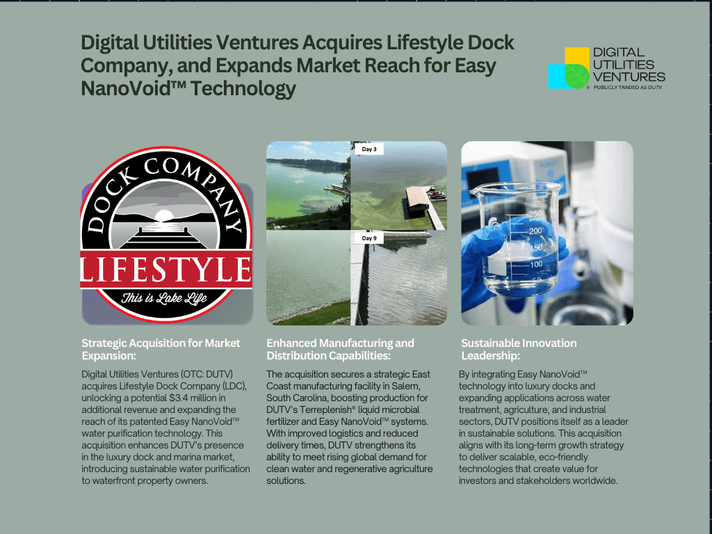 Digital Utilities Ventures Acquires Lifestyle Dock Company, and Expands Market Reach for Easy NanoVoid™ Technology