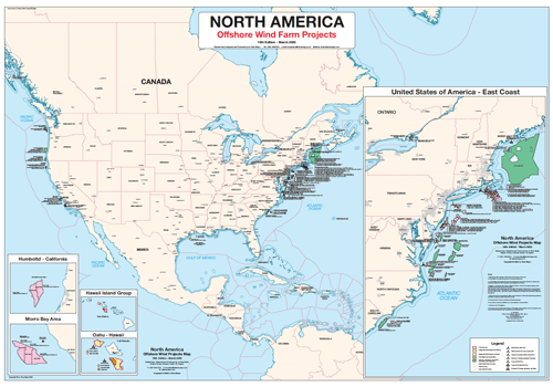 North America Offshore Wind Projects Map 2025: Great Lakes, East Coast, California and Hawaii