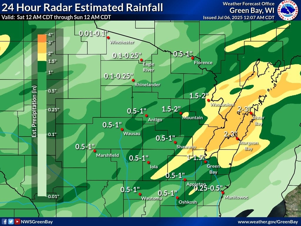 How much rain did the Green Bay area receive July 5 and 6?