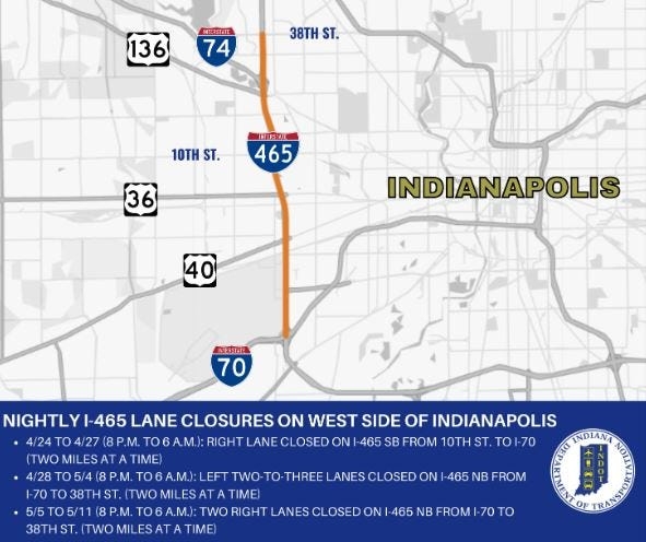 INDOT set to close lanes on I-465 starting Thursday night. Here's where