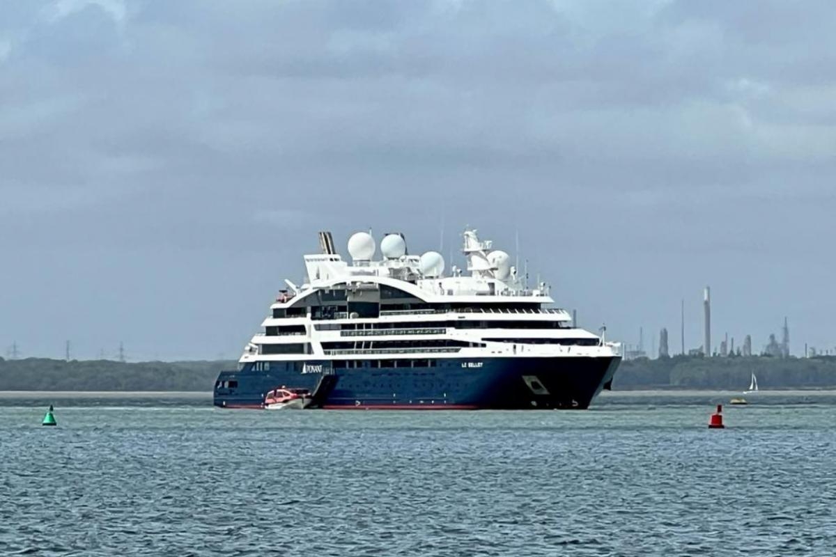 French cruise ship moored off coast of Isle of Wight