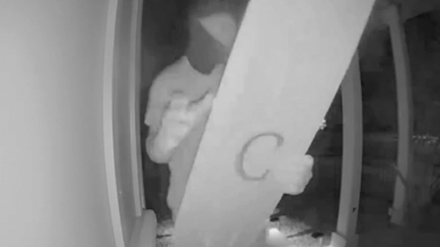 Caught on camera: Masked men use stolen welcome sign to hide theft of Pride flags