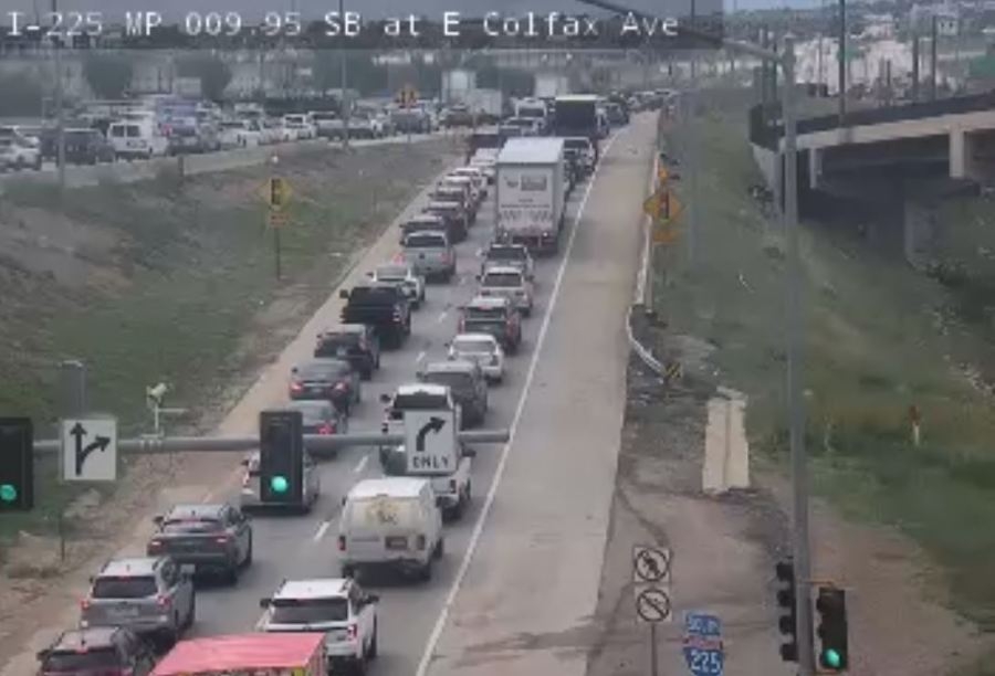 Traffic backed up on I-225 southbound in Aurora due to vehicle fire