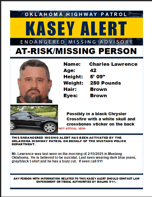 Kasey Alert issued for 42-year-old man last seen in Mustang