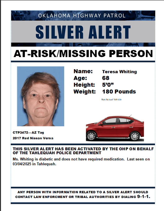 OHP issues silver alert for 68-year-old Tahlequah woman