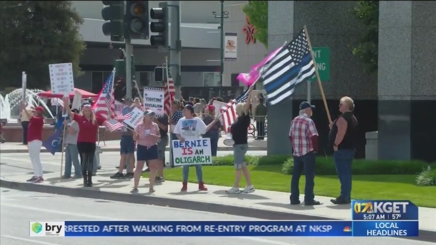 Group in opposition to ‘Fighting Oligarchy' Bakersfield event rallies outside arena