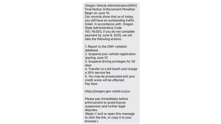 Oregon DMV warns of latest text, email scam demanding payment