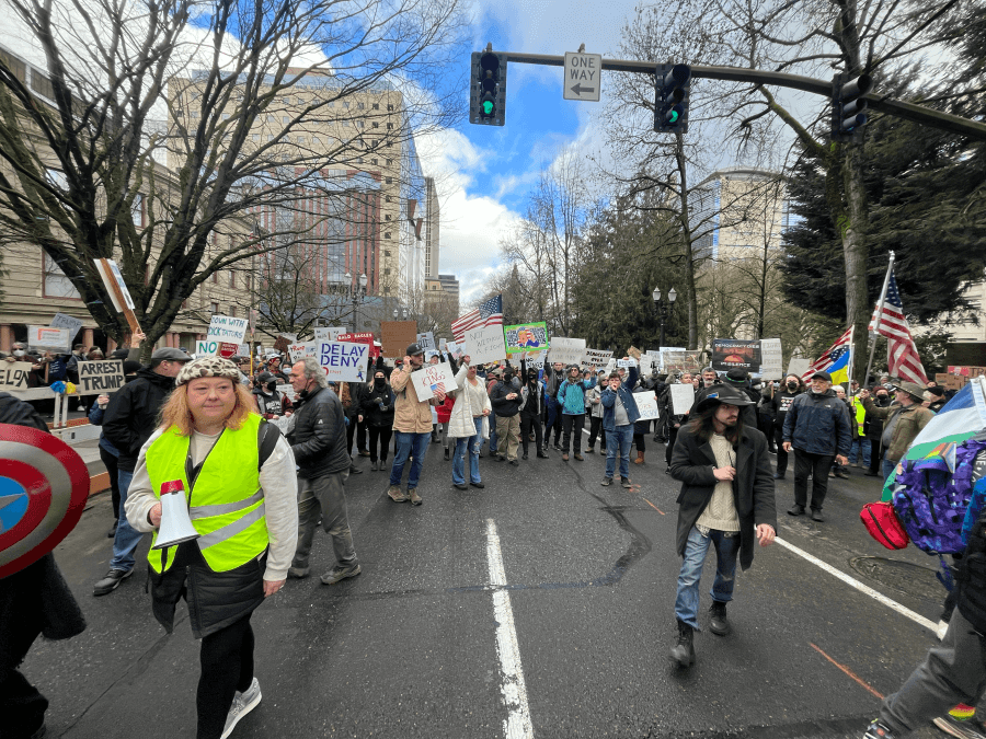 Protesters gather in downtown Portland ahead of Trump's speech to Congress