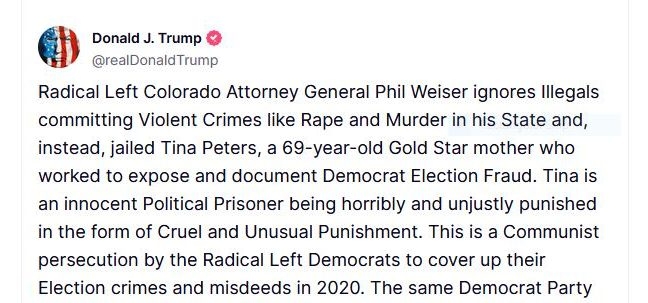 Trump Champions Tina Peters in Social Media Post