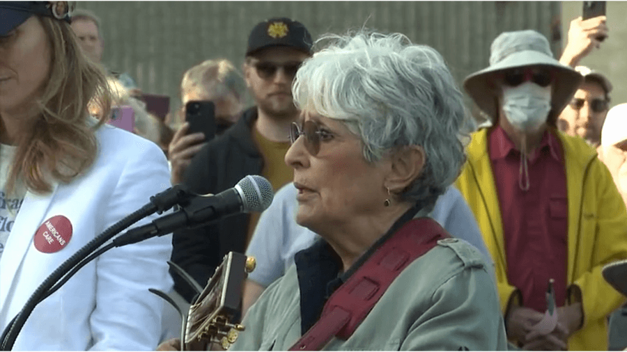 Singer-activist Joan Baez leads May Day rally in Mountain View