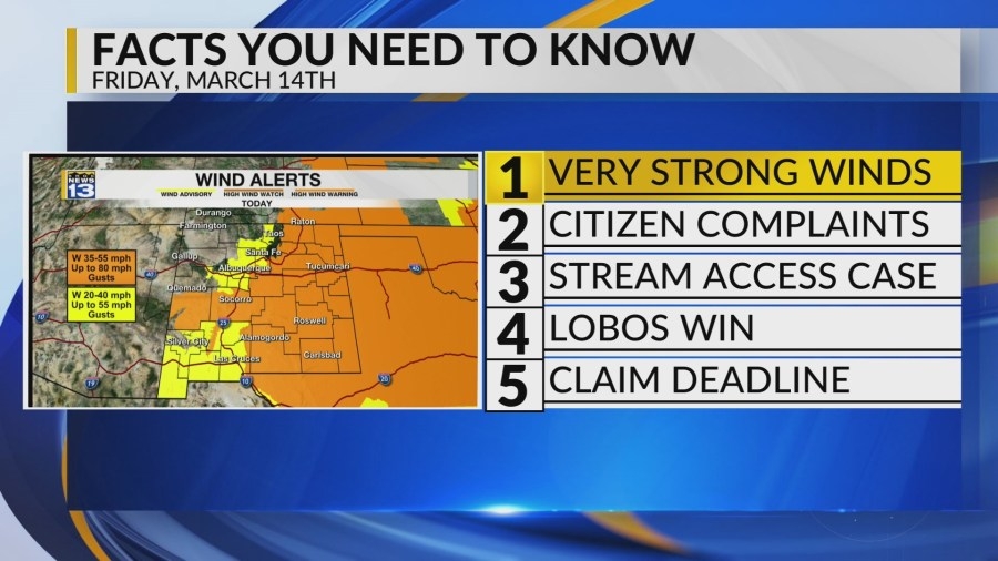 KRQE Newsfeed: Very strong winds, Citizen complaints, Stream access case, Lobos win, Claim deadline